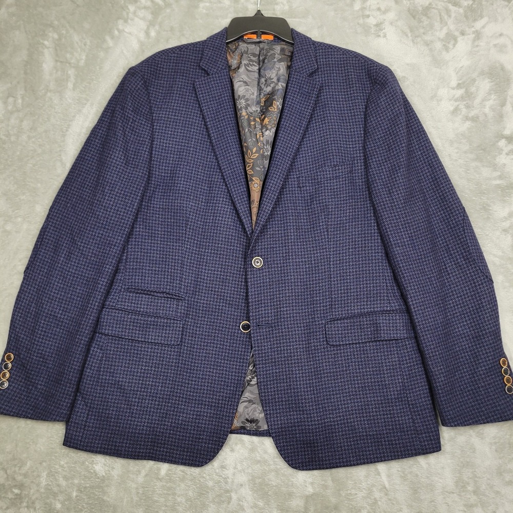 Tallia Men's 46R Navy Blue Houndstooth Wool Blazer Elbow Patches Paisley Liner